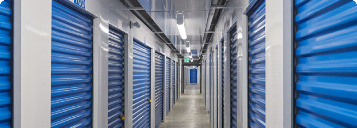 storage units hallway blue doors