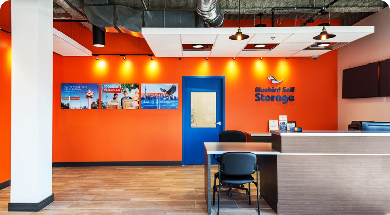 Bluebird storage office painted in orange