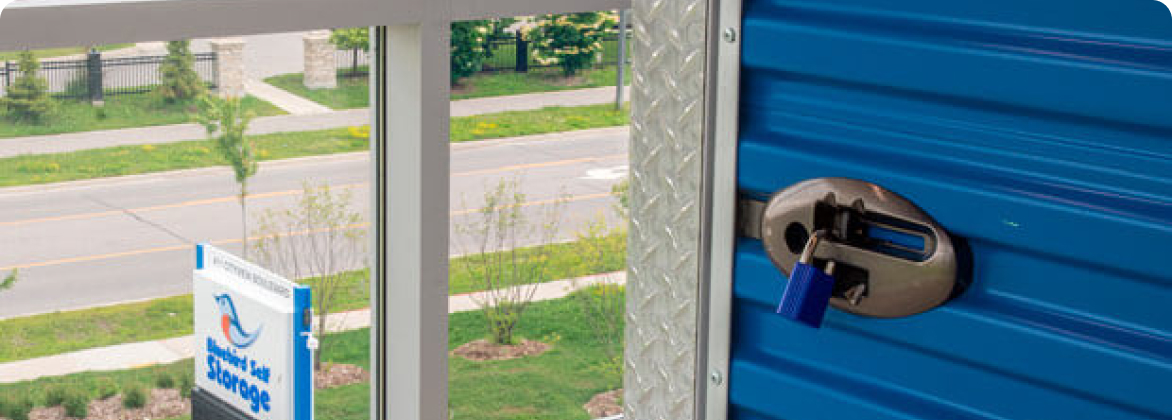 locked storage blue door facing outside